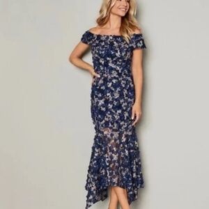 XSCAPE Floral Applique Dress‎ Party Cocktail Asymmetric WOMEN 16 OFF SHOULDER